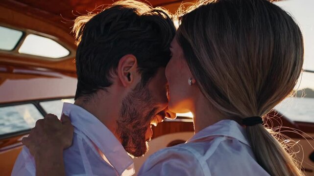 Golden sunlight bathing romantic couple embracing, laughing softly while enjoying intimate sunset cruise on luxurious yacht, sharing passionate moment against sparkling ocean backdrop