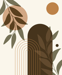 Estetyczna nowoczesna kompozycja z abstrakcyjnym elementem botanicznym, geometrycznymi kształtami. Ilustracja wektorowa do wykorzystania dla sztuki ściennej, tapet, dekoracji, wystroju wnętrz.