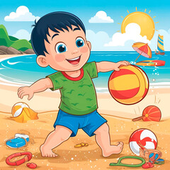 drawing of a child playing on the beach on a sunny day, made with Generative AI
