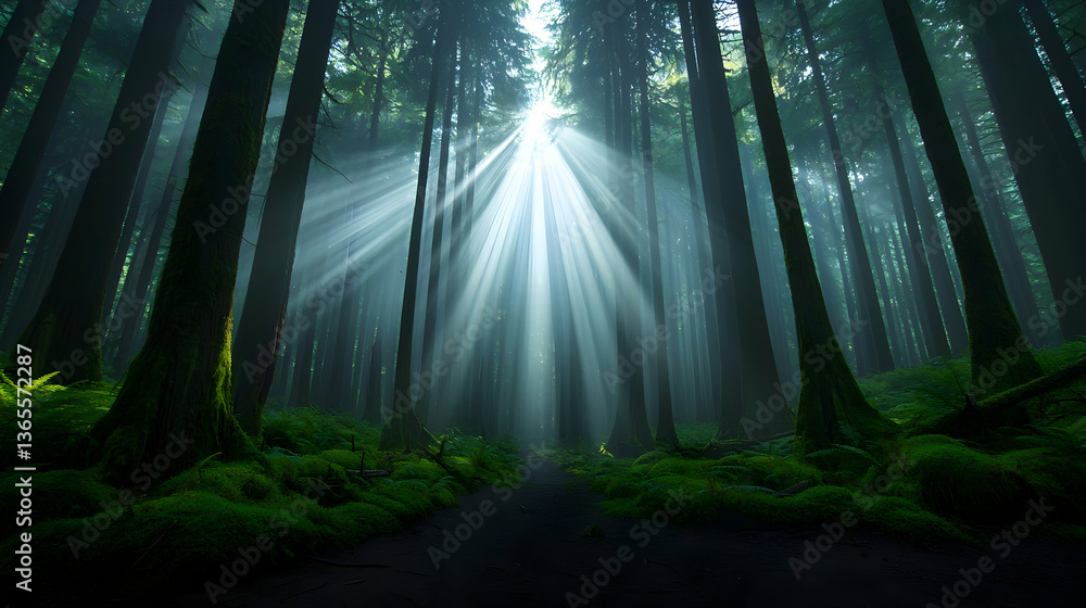 Poster sunbeams filtering through a dense forest