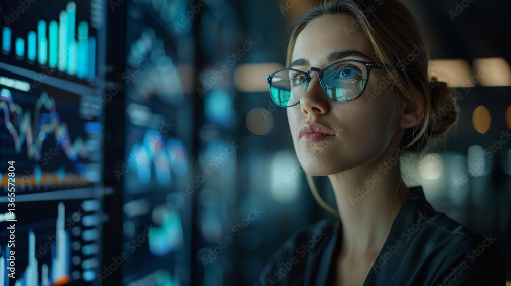 Poster data analyst examines insights on a digital dashboard in a modern office environment