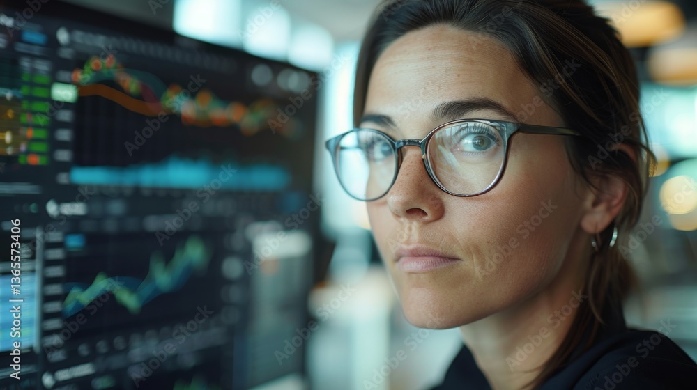 Poster data analyst focused on business intelligence and performance metrics in a modern office setting