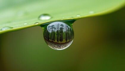 Hyperrealistic Raindrop Miniature Forest Reflection