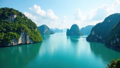 Dramatic limestone karsts rising from emerald waters of Halong Bay, sky, asia