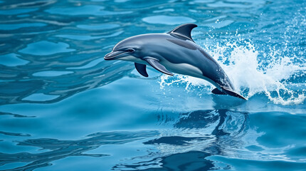 Naklejka premium Blue dolphin jumping out of sea water. Wild bottlenose animal swimming in open ocean waters