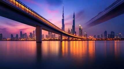 Fototapeta premium Beautiful bridge with illuminated skyline at dusk with smooth water surface
