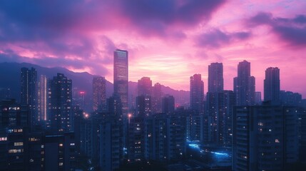 Fototapeta premium Beautiful cityscape at dusk with glowing buildings and tranquil sky