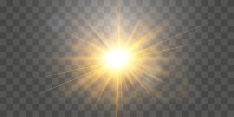 Vector transparent sunlight, special flash light effect. Bright sun or spotlight beams. Light png. Isolated on transparent background