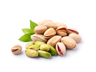 Pistachio nuts with leaves on white