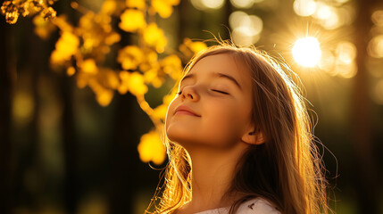Fototapeta premium Portrait of a young girl with her head slightly tilted back, eyes closed in serenity, standing in a forest clearing, golden sun rays filtering through the trees around her