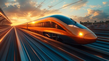 A maglev train moves rapidly along elevated tracks, highlighting modern transportation solutions. The sunset casts a vibrant glow, showcasing the blend of technology and mobility.