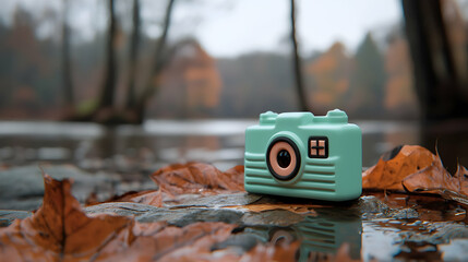 Teal Retro Camera on Autumn Leaves by River
