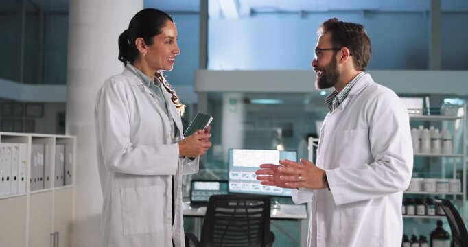 Scientist, medical or handshake in lab for support healthcare deal, research or partnership. Collaboration, funding or people shaking hands for teamwork, science innovation or pharmaceutical drugs