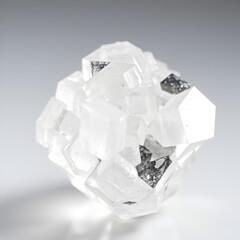 Extreme close-up of sodium bromide crystals, cubic structure clear, on white backdrop