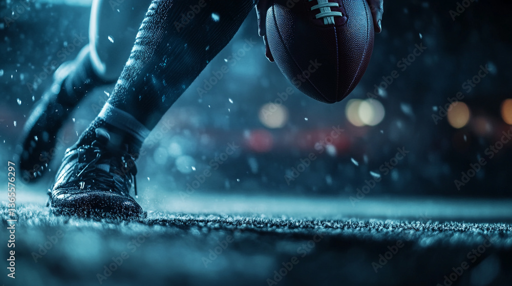 Poster a close up of a football player running with the ball in a dark and snowy environment on a field