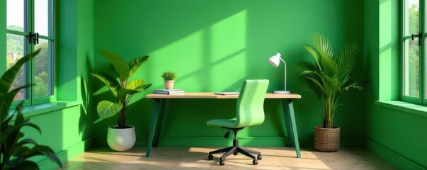 Green desk, chair, lush plants, modern workspace, work, productivity