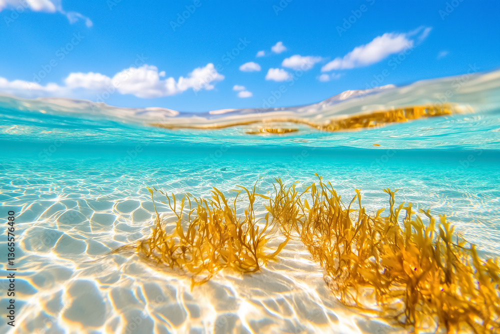 Poster underwater scene featuring seaweed gently swaying in clear turquoise water. sunlight filters through