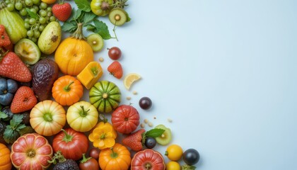 Colorful variety of fresh fruits market photography bright setting overhead view