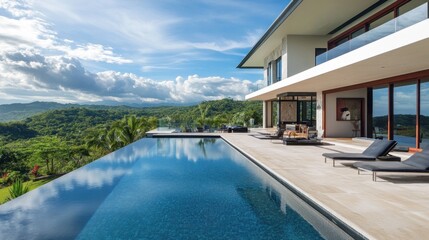 Obraz premium Modern Luxury Villa with Infinity Pool Overlooking Lush Green Landscape and Cloudy Sky