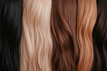 Fototapeta premium A stunning array of luxurious hair colors showcasing silky textures, including black, blonde, chestnut, and auburn, perfect for hair fashion or beauty concepts