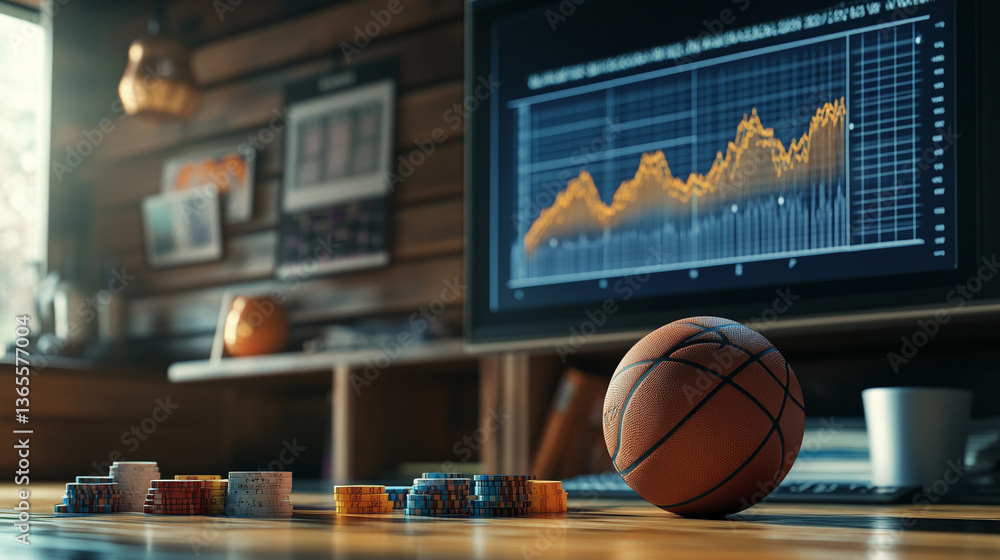 Poster a basketball sitting on a table next to poker chips and a computer screen showing a stock market gra