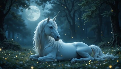 Unicorn Resting on Meadow in Forest Under Moonlit Sky
