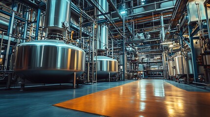 Fototapeta premium Industrial Factory Interior: Steel Tanks and Pipes