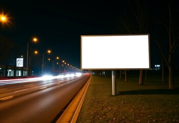 A large white billboard with a blurry city street background at night