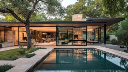 Modern architectural design with stone walls and pool under large tree and dark evening sky