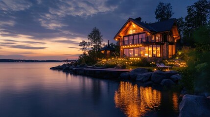Fototapeta premium Beautiful vacation house illuminated at dusk with light decorations