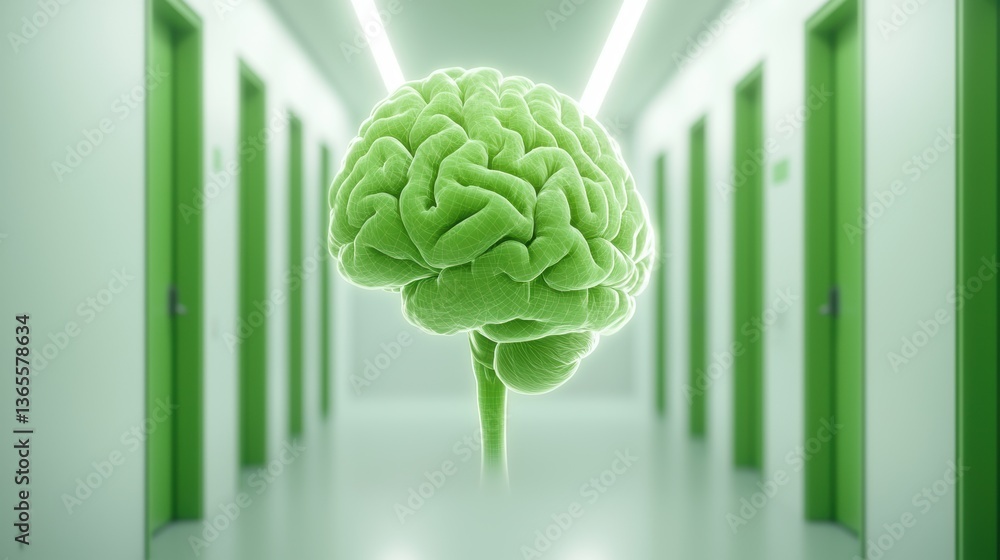 Poster a surreal green brain appears in a minimalist corridor, symbolizing intellect and creativity in a mo