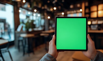 A person holding an iPad with a green screen on the table, a close-up shot of an iPad mockup, in a cafe shop background, with a white  
