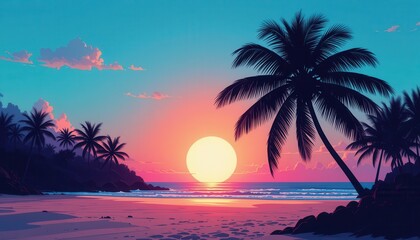 Fototapeta premium Sunset beach scene tropical paradise digital art serene atmosphere wide angle nature inspiration