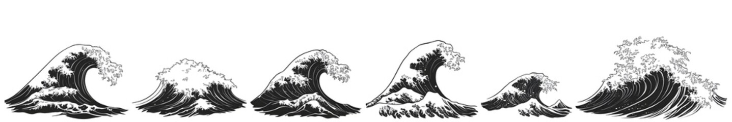 Obraz premium Waves in Motion: Capturing the dynamic power and ever-changing forms of the ocean, a series of black and white illustrations depicts the graceful ballet of waves in motion.