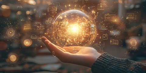 Hand holding a futuristic orb with digital sketches, embodying tech innovation, created by ai generated