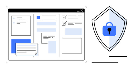 Web interface with tabs and dialogue boxes next to a shield with a lock. Ideal for cybersecurity, data privacy, online safety, encryption, secure transactions, software development, IT security
