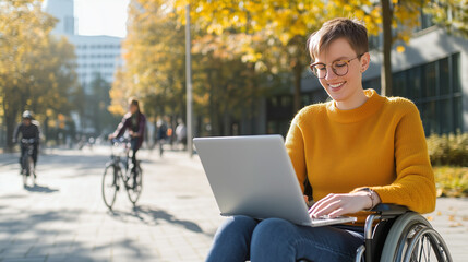 Young woman with short hair, sitting in a wheelchair on a sunny boulevard sidewalk, smiling as she types on her laptop, with bicycles passing by
