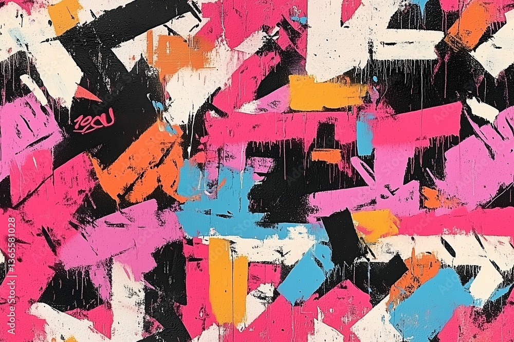 Poster seamless abstract artwork featuring bold splashes of pink, orange, black, and white. the composition