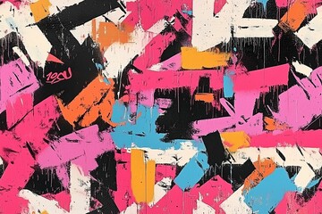 Fototapeta premium Seamless abstract artwork featuring bold splashes of pink, orange, black, and white. The composition is dynamic with overlapping shapes and textures, creating a vibrant visual impact.