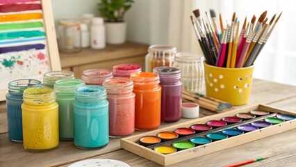 A set of colorful paints and brushes on a wooden table, showcasing art supplies.
