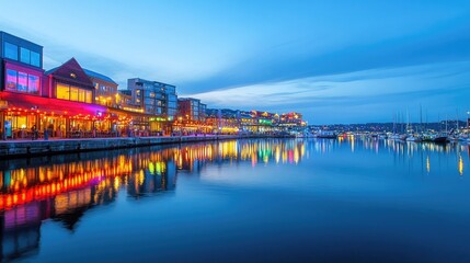 Fototapeta premium Bright, colorful lights on a waterfront at dusk with reflections on the water