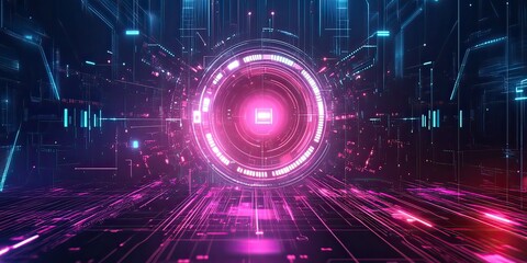 Fototapeta premium Neon Circuit Board Matrix with Glowing Portal in Dark Cyberpunk Environment, created by ai generated