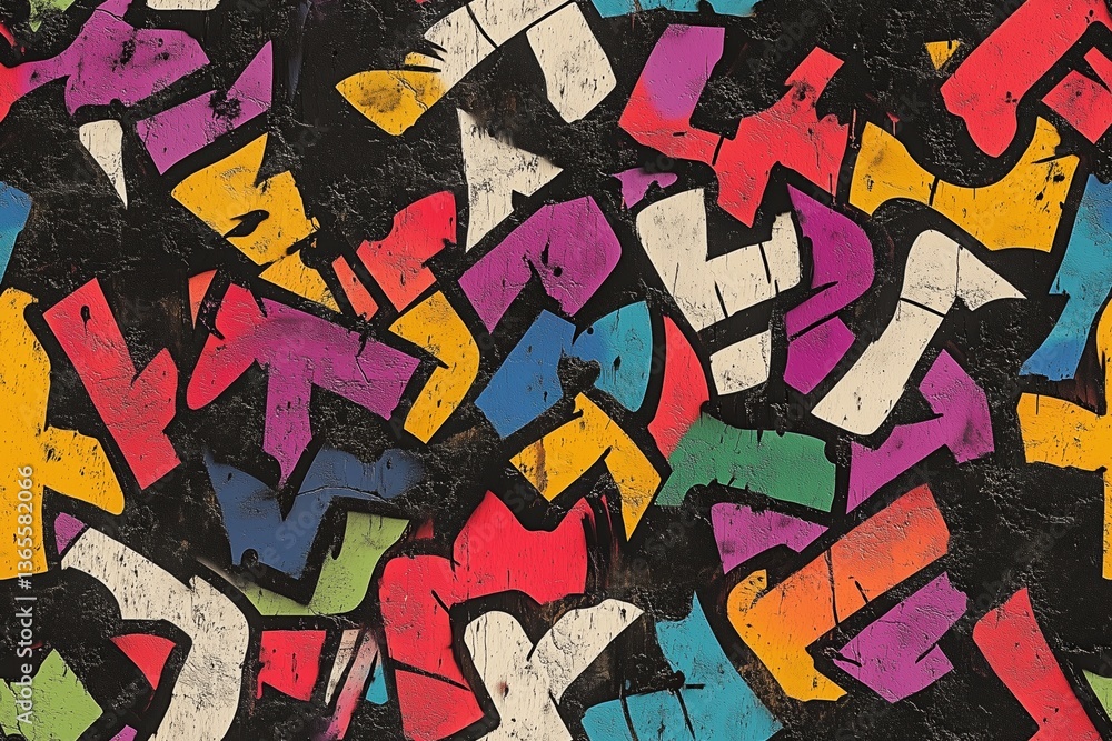 Poster seamless vibrant and colorful abstract pattern featuring graffiti-style letters and shapes in variou