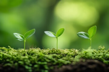 Three young green seedlings growing on mossy ground in lush forest environment