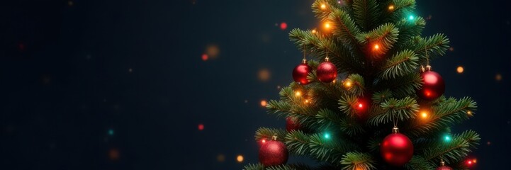 Sparkling evergreen tree adorned with colorful lights and ornaments against a dark background, beautiful christmas trees, bright lights