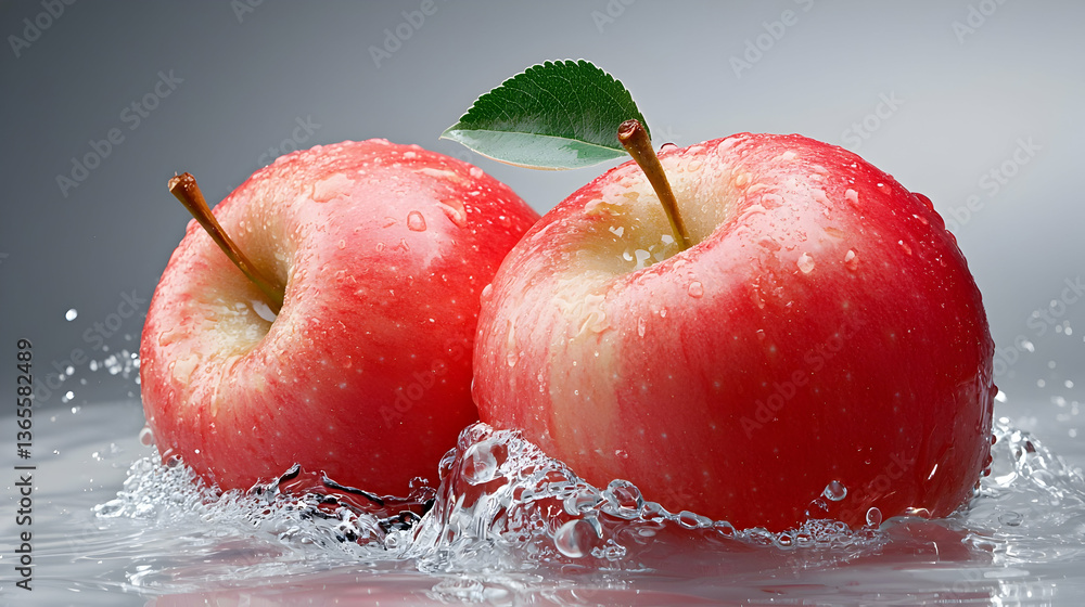 Poster two red apples splashing in water on transparent background