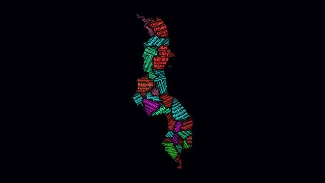 Malawi Intro Video. Regions Word Clouds Animation. Malawi regions names in English language fading in on black background. Country building of territory names video. Trending animation.