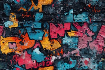 Fototapeta premium Seamless vibrant and textured wall covered in colorful graffiti art, featuring a mix of blue, orange, pink, and black paint. The layers of paint create an abstract and urban aesthetic.