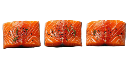 Delicious Salmon Portions: An enticing close-up showcases three perfectly prepared salmon portions, their vibrant orange hue and delicate textures promise a culinary experience. 