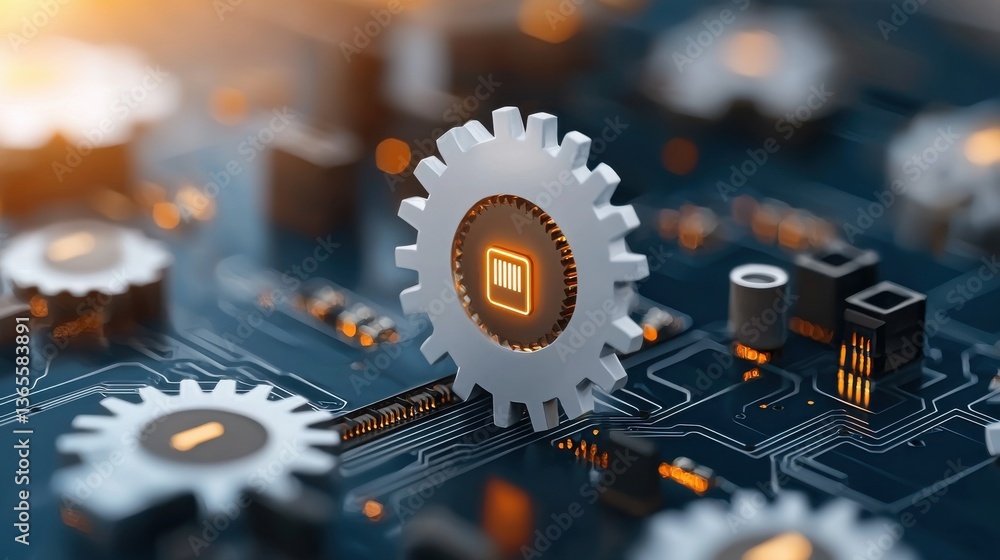 Aufkleber closeup view of intricate electronic circuit board with microchips processors and gears showcasing t
